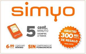Simyo lanza nueva tarifa de 5 cént/min + 300MB con consumo mínimo