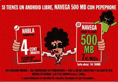 Tarifa Android by Pepephone: 500 MB por 7/mes y llamadas a 4 cent/min